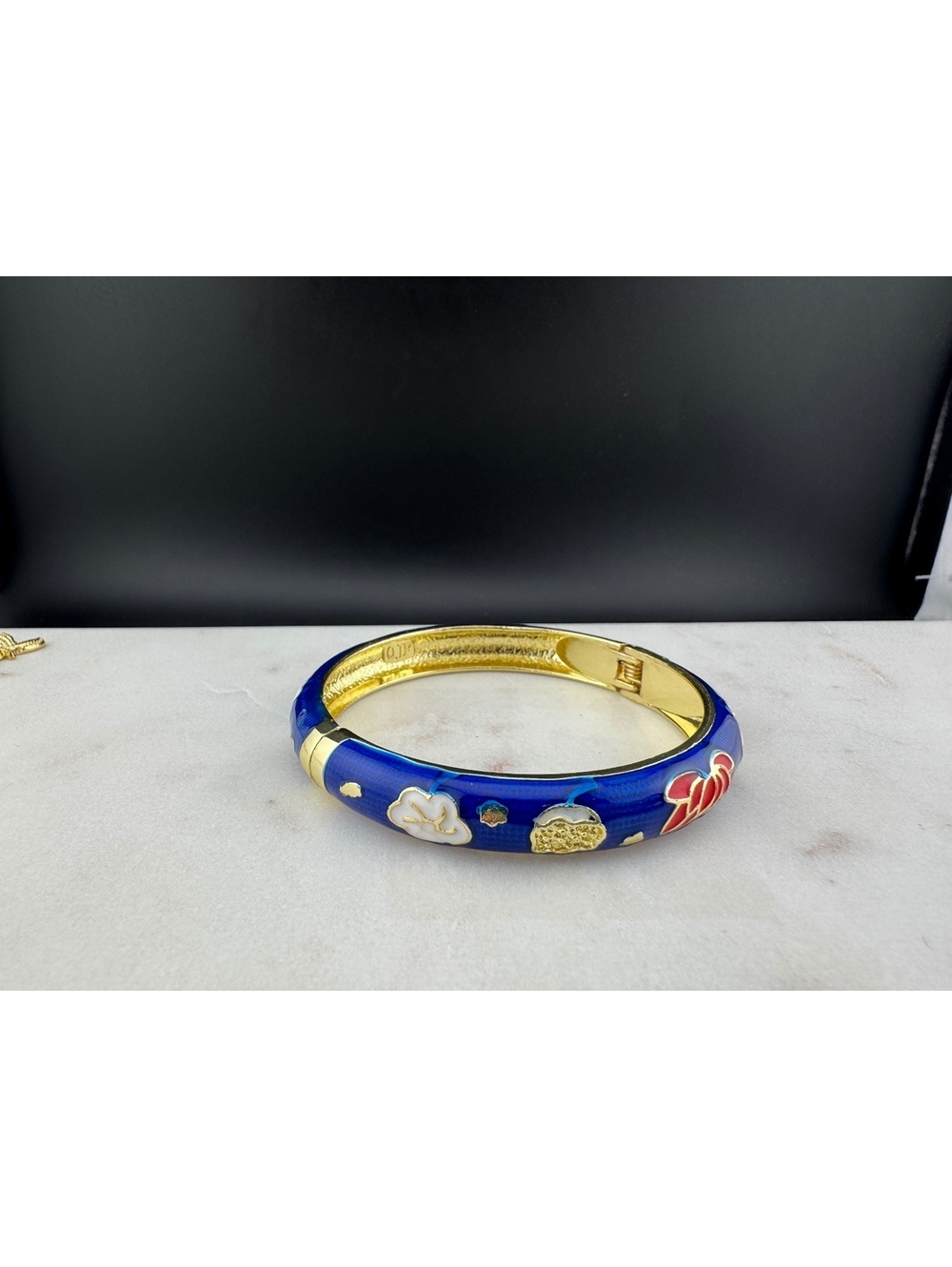 Blue Floral Cloisonné Bangle Bracelet with Gold Tone Accents